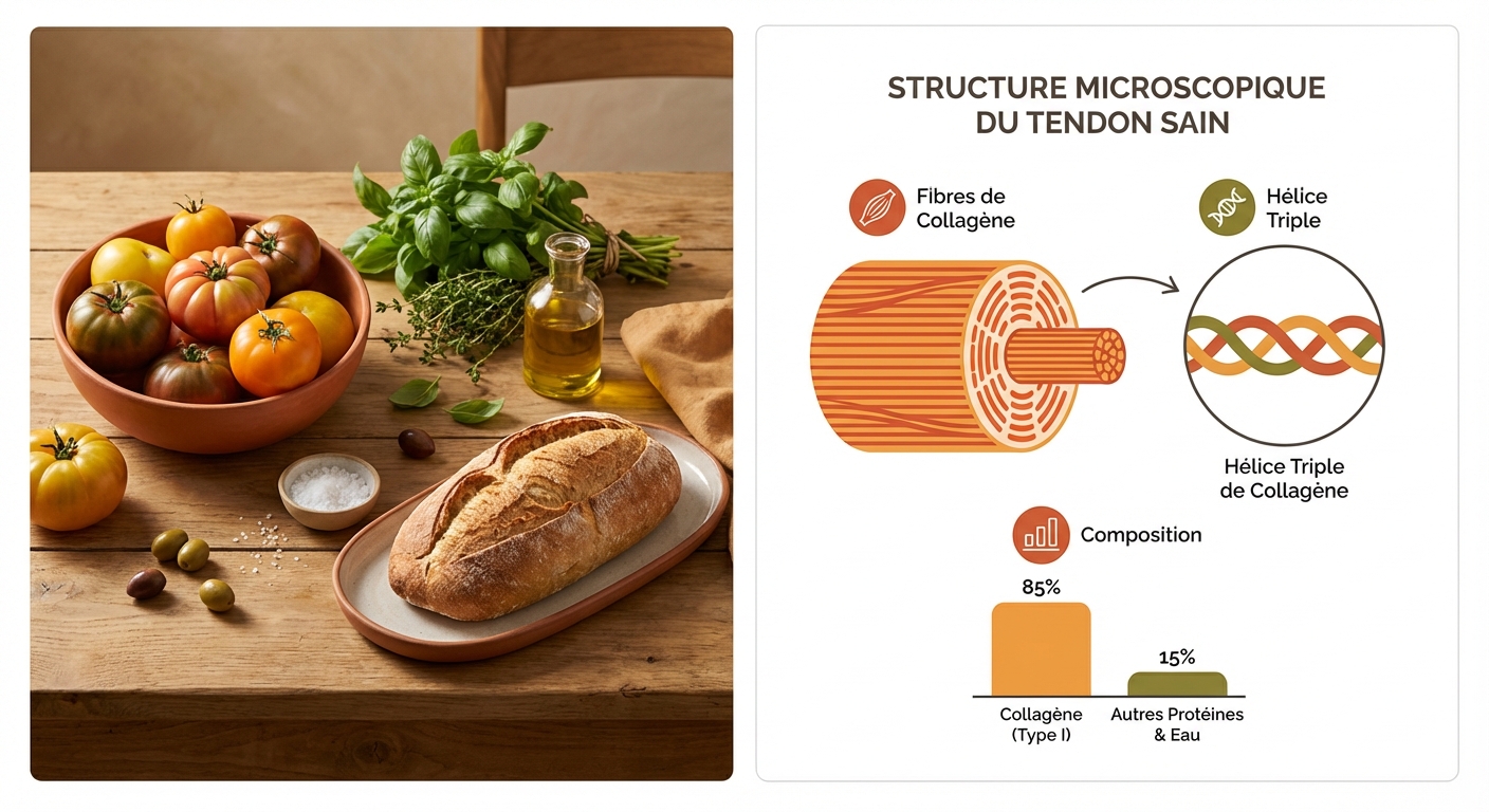 Structure en triple hélice du collagène dans les fibres tendineuses