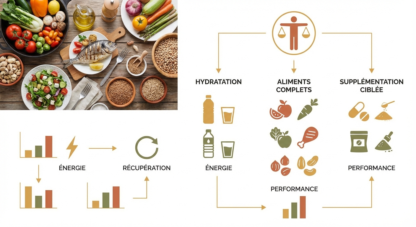 Vue d'ensemble d'une alimentation sportive équilibrée et hydratation