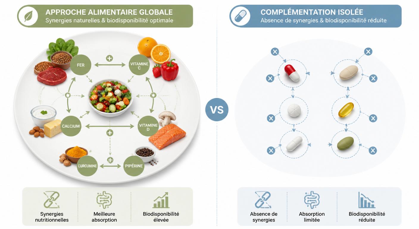 Comparaison approche alimentaire globale versus complémentation isolée en termes de biodisponibilité et synergies nutritionnelles