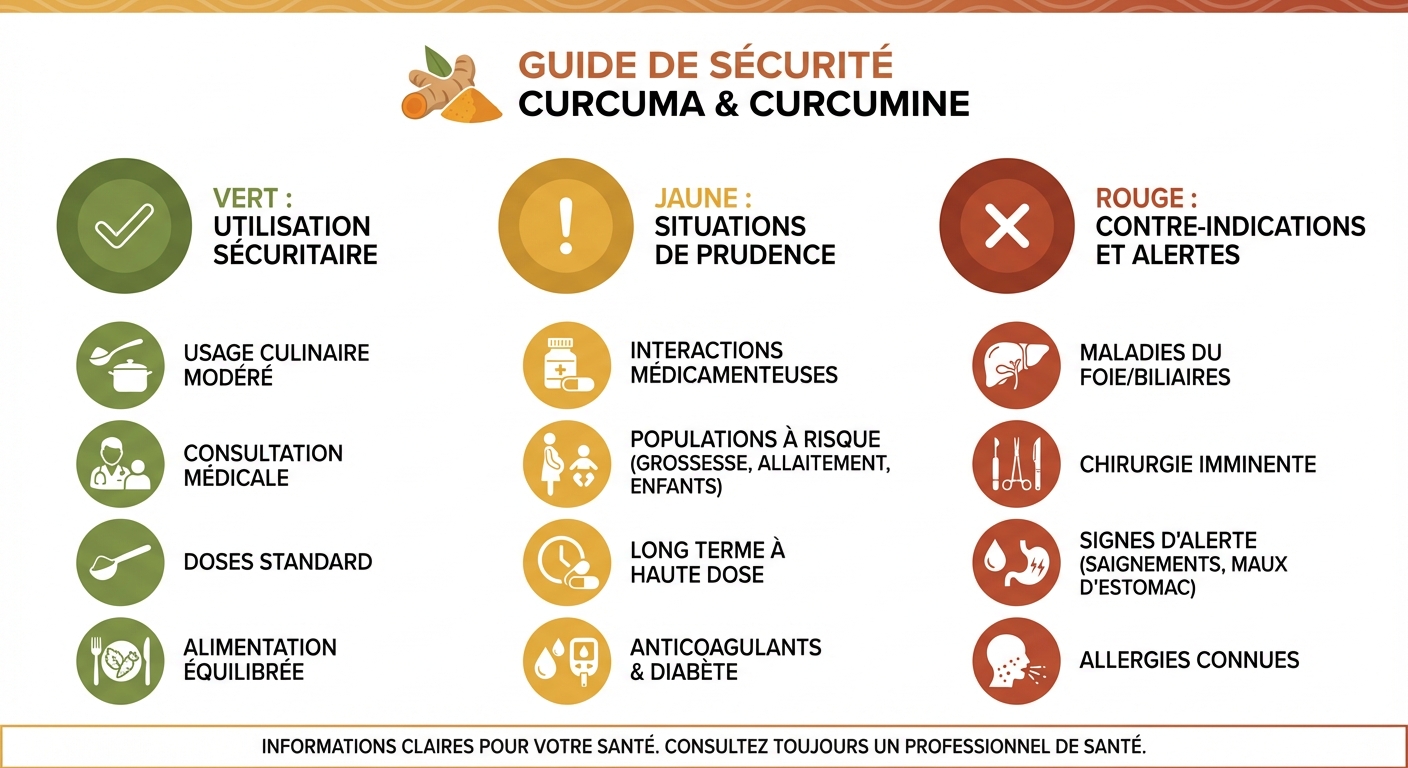 Infographie de sécurité : contre-indications et précautions d'emploi du curcuma