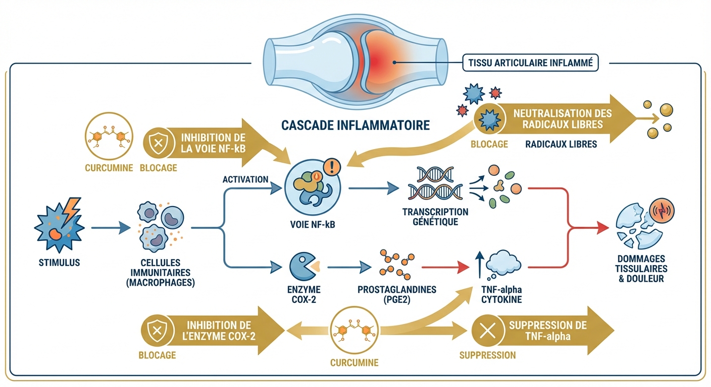 Infographie des mécanismes anti-inflammatoires de la curcumine sur les articulations