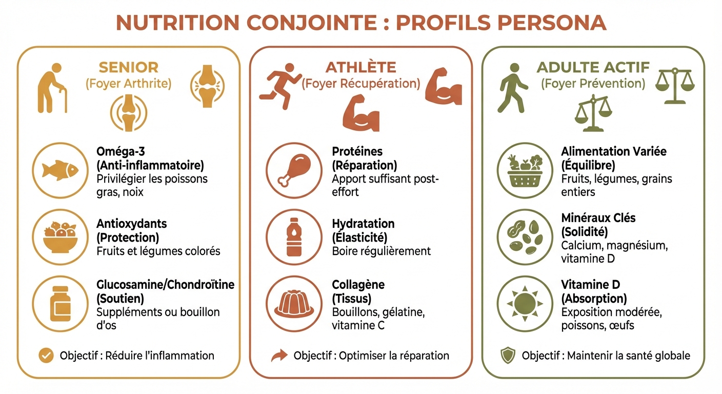 Trois profils nutritionnels articulaires : senior, sportif et actif