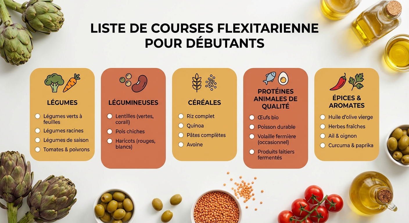 Liste de courses flexitarienne organisée par rayon pour débutant