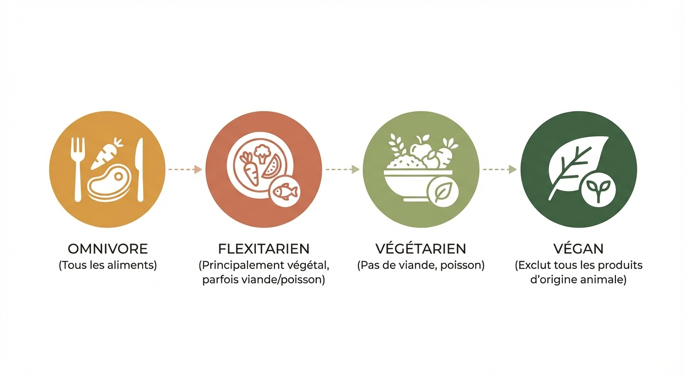 Spectre des régimes alimentaires de l'omnivore au flexitarien jusqu'au végan