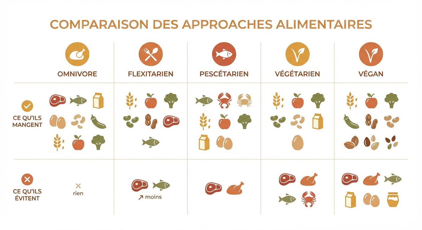 Tableau comparatif des régimes : omnivore, flexitarien, pescétarien, végétarien et végan