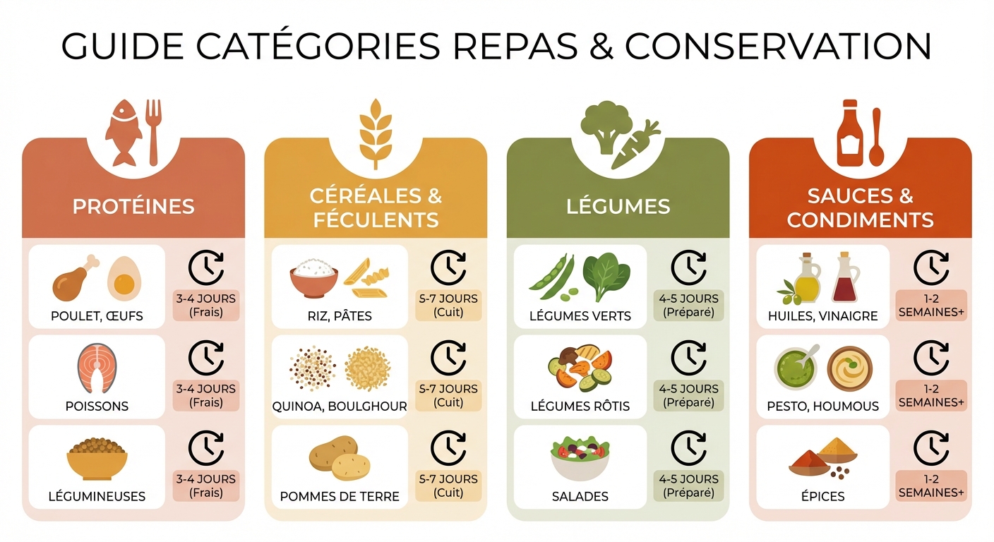Catégories d'aliments idéaux pour le batch cooking avec durées de conservation