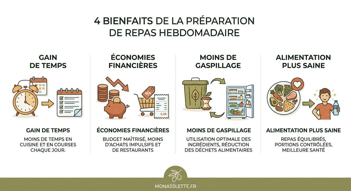 Les 4 bénéfices du meal prep hebdomadaire illustrés
