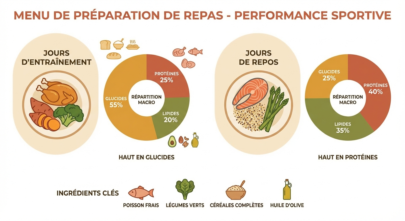 Menu meal prep sportif avec répartition des macronutriments
