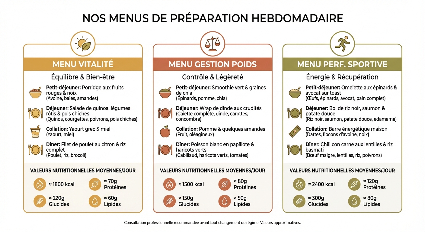 Trois menus meal prep hebdomadaires selon votre objectif nutritionnel