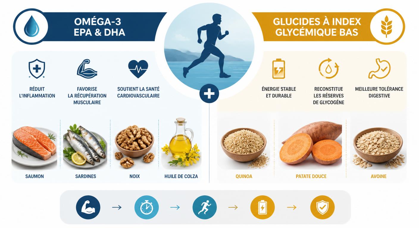 Infographie comparant les sources d'oméga-3 et de glucides complexes pour la récupération sportive