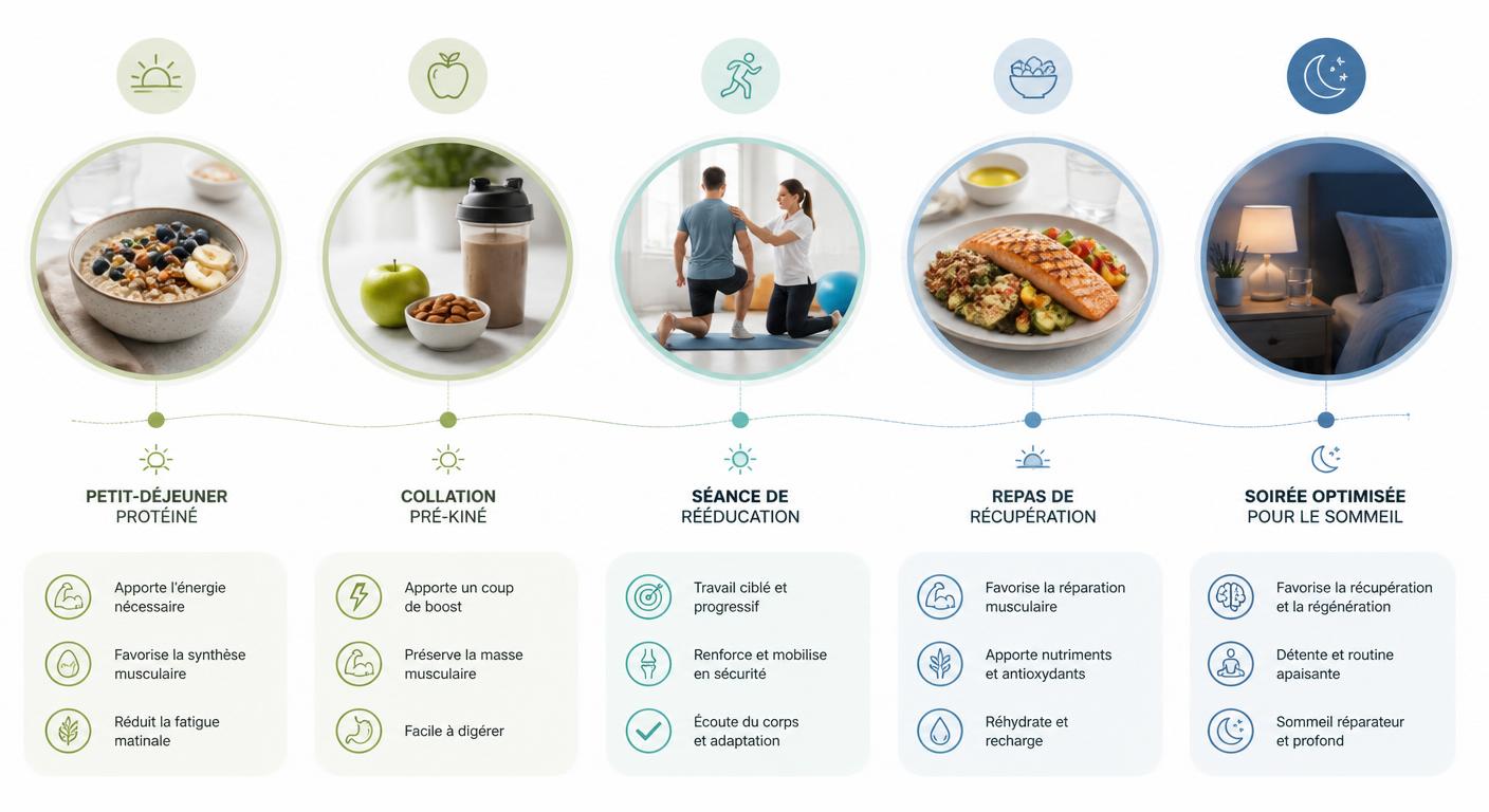 Infographie d'une journée type synchronisant nutrition et séances de rééducation