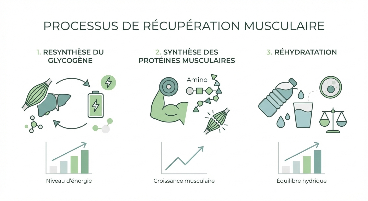 Infographie des trois étapes de la récupération musculaire après l'effort : resynthèse du glycogène, synthèse protéique et réhydratation