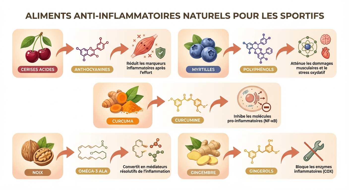 Les 5 aliments anti-inflammatoires naturels pour sportifs avec leurs composés actifs