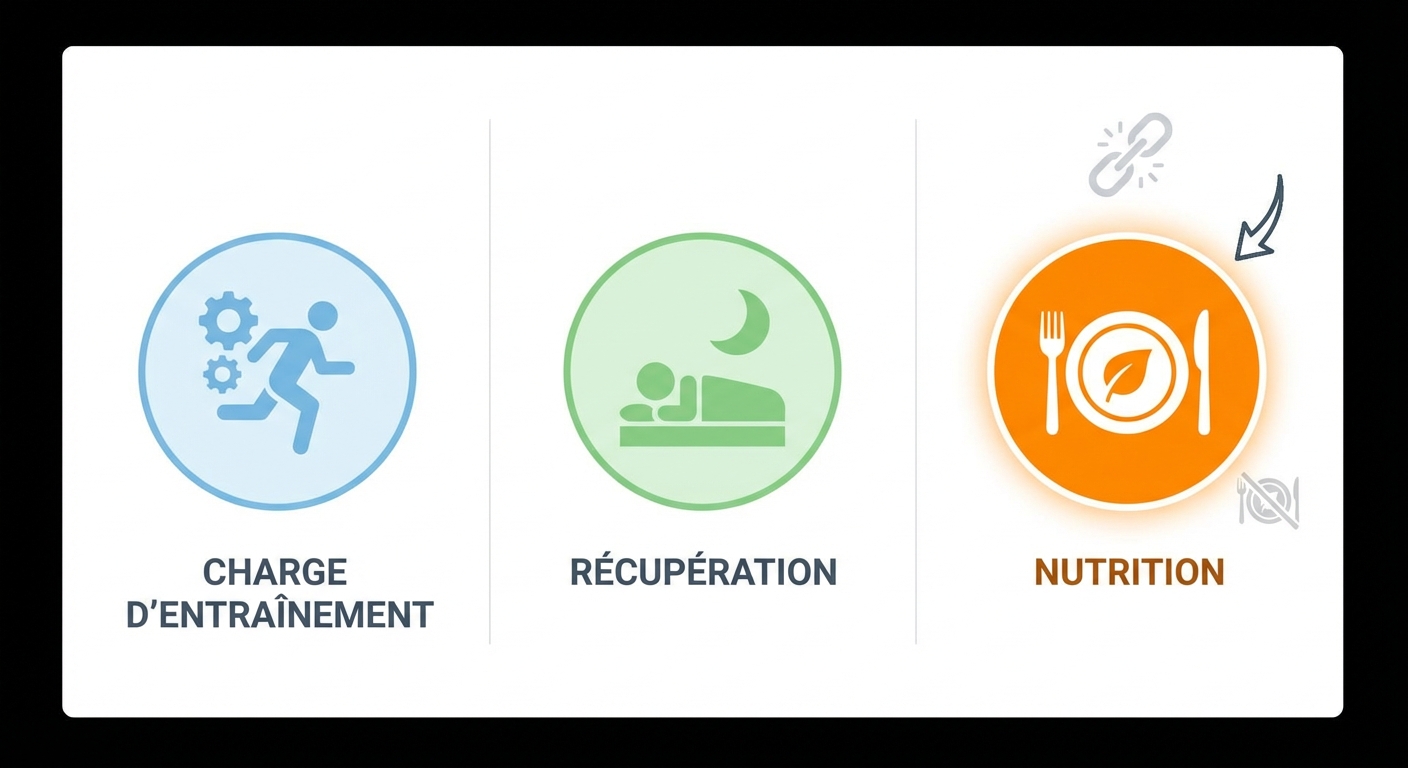 Infographie des trois piliers de la performance en endurance : entraînement, récupération et nutrition