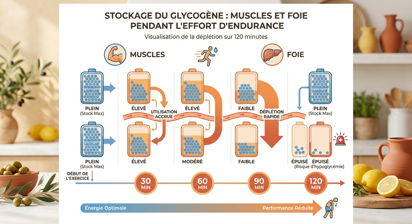 Schéma de la déplétion du glycogène musculaire et hépatique pendant l'effort d'endurance