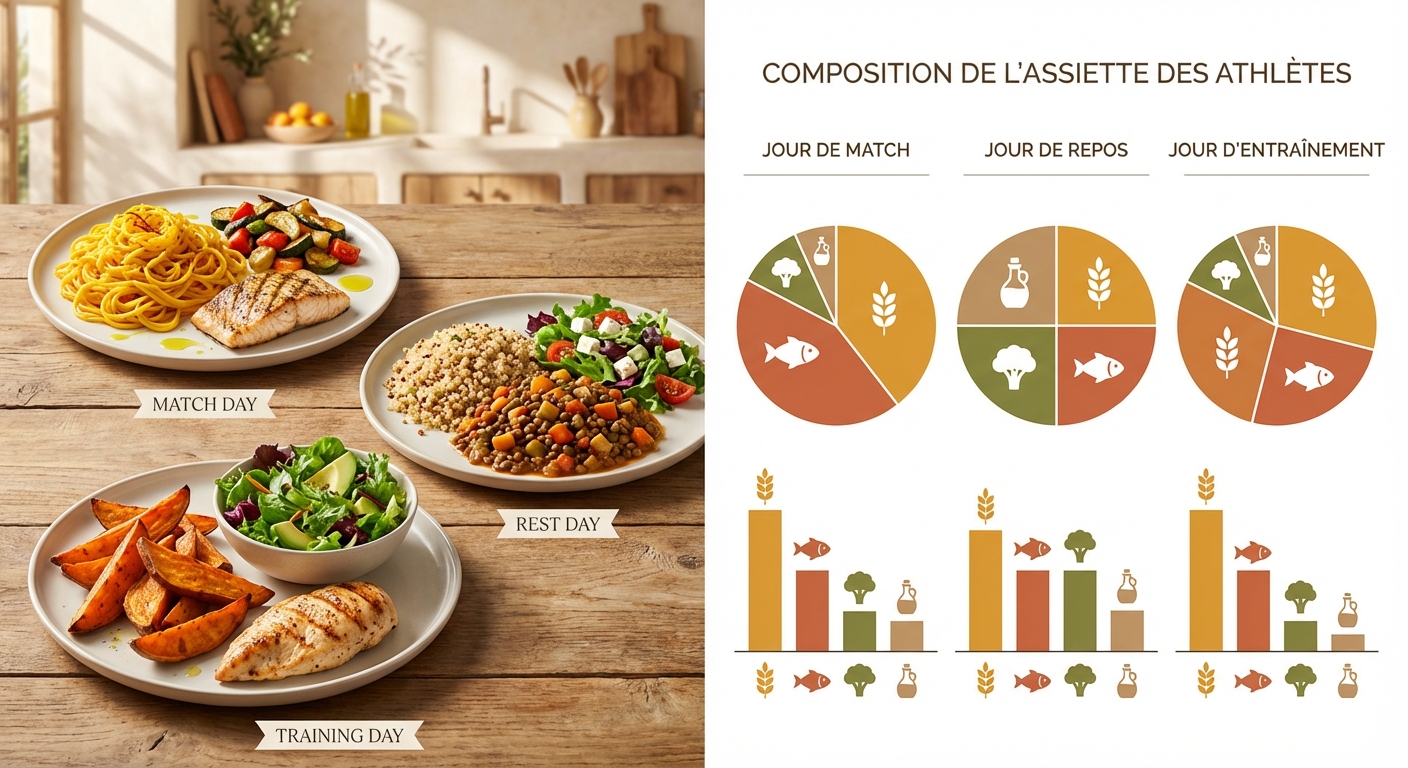 Comparaison visuelle de l'assiette type jour de match, jour de repos et jour d'entraînement