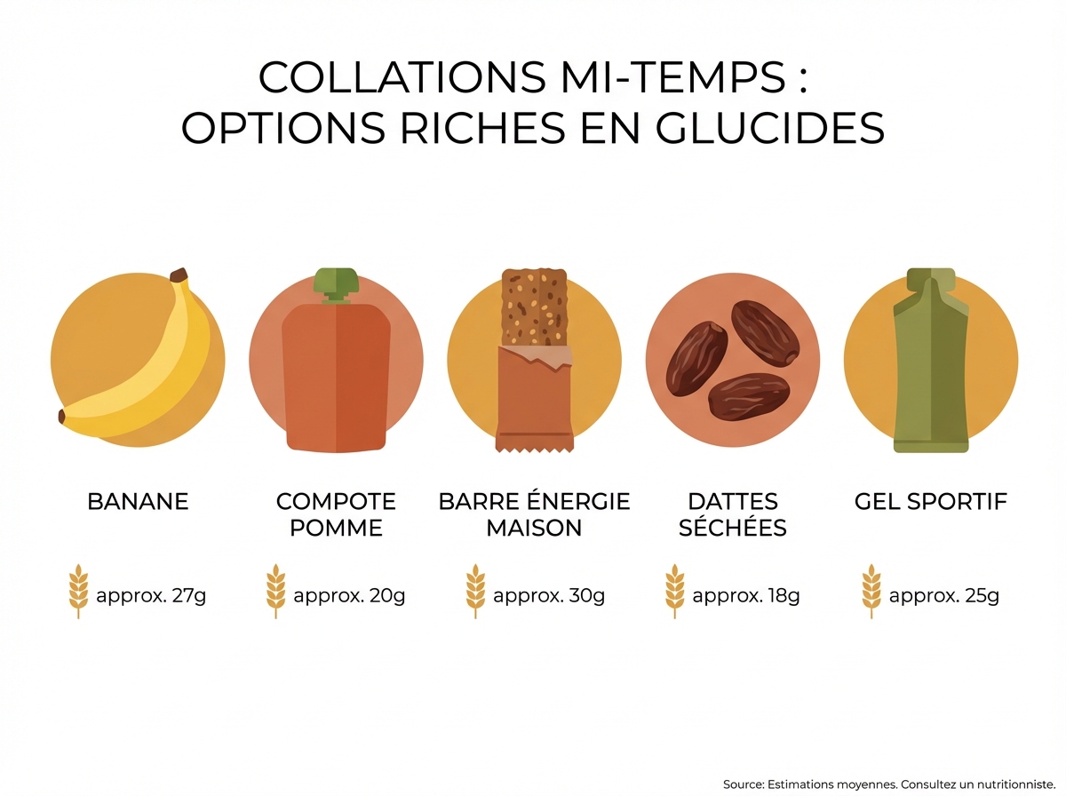 Fiche mémo des 5 collations de mi-temps avec leur teneur en glucides