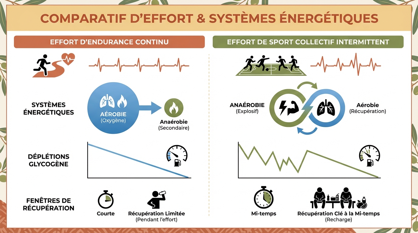 Infographie comparant la dépense énergétique entre sports d'endurance et sports collectifs avec les filières énergétiques sollicitées