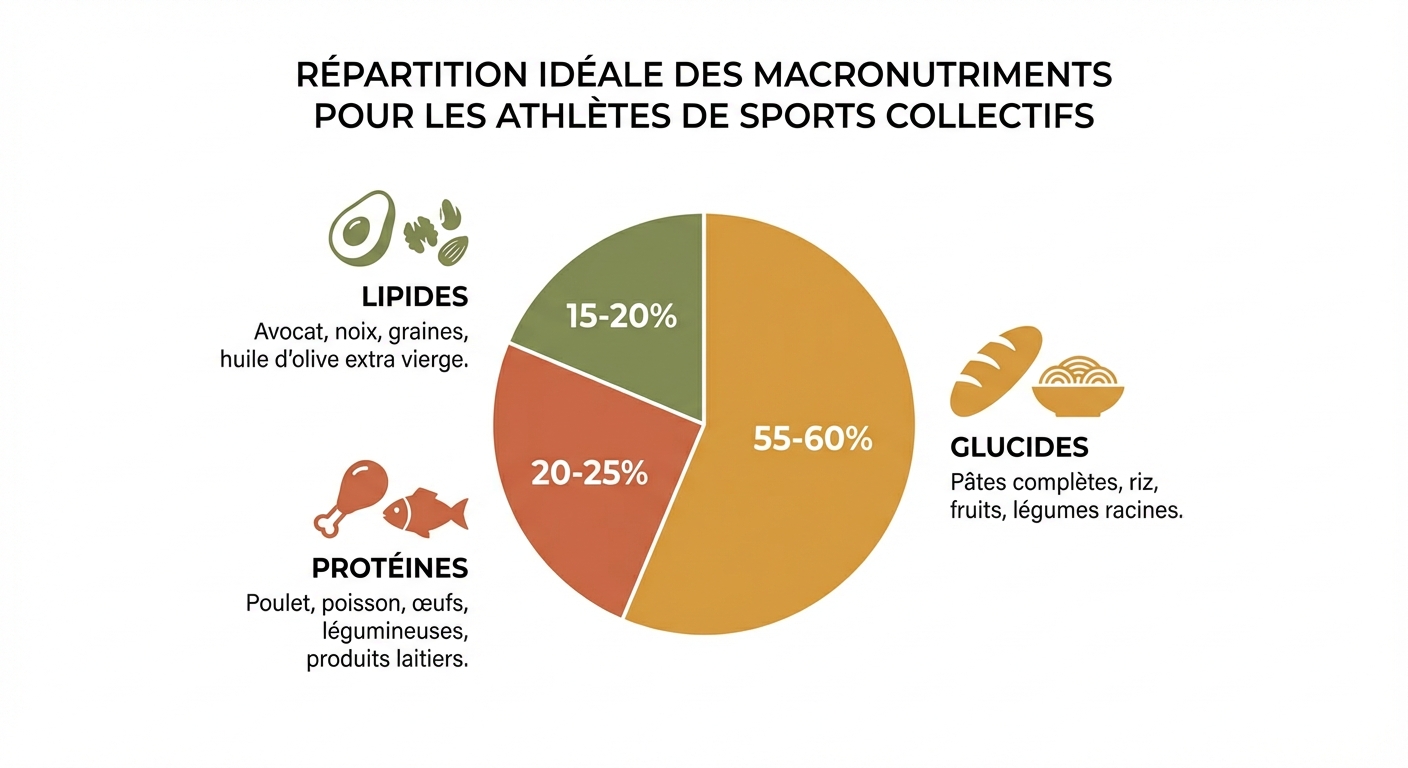 Infographie de la répartition idéale des macronutriments pour un joueur de sport collectif avec exemples d'aliments