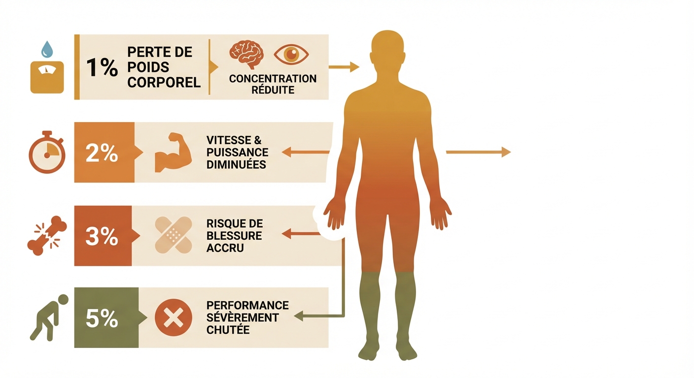 Infographie montrant l'impact progressif de la déshydratation sur la performance sportive