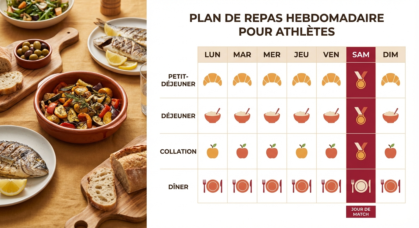 Planning alimentaire hebdomadaire type pour un joueur de sport collectif avec jour de match mis en évidence