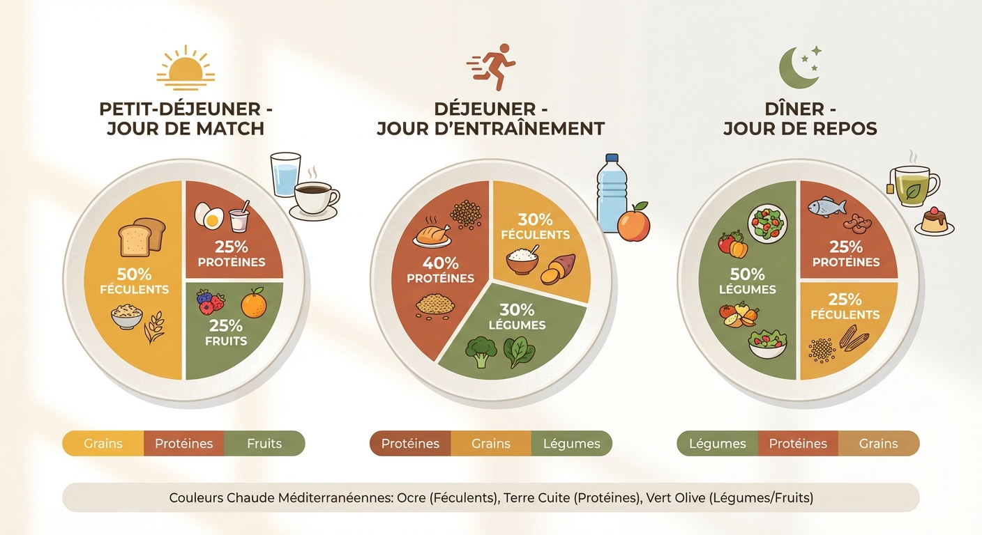 Trois assiettes types illustrant la composition idéale pour le petit-déjeuner jour de match, le déjeuner jour d'entraînement et le dîner jour de repos