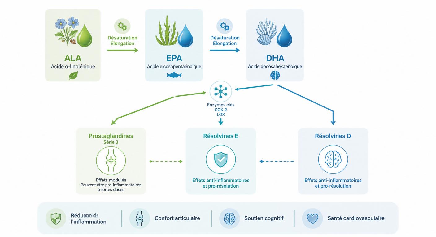 Schéma de la cascade biochimique EPA DHA et résolvines anti-inflammatoires