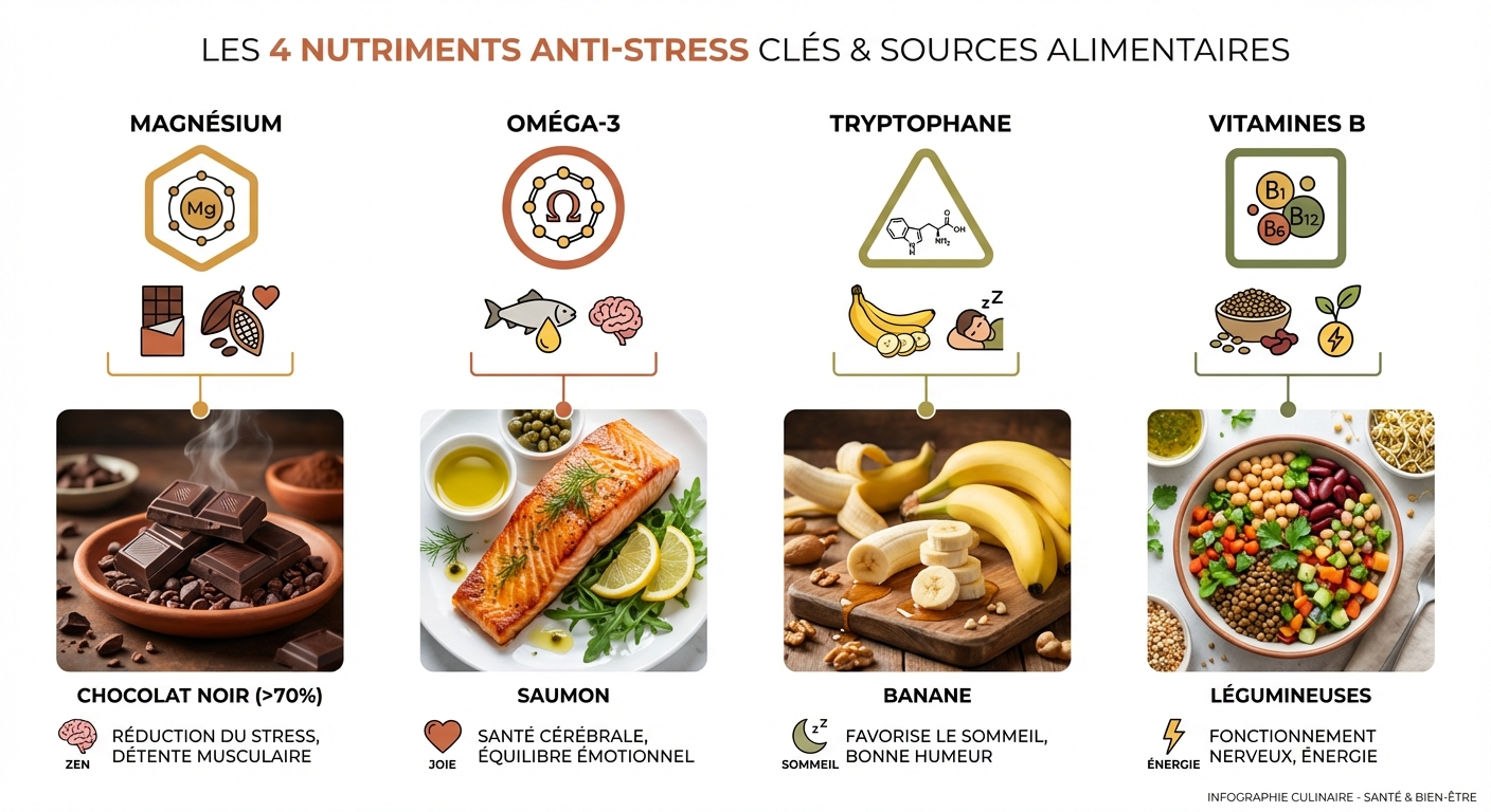 4 nutriments anti-stress essentiels et leurs sources alimentaires : magnésium, oméga-3, tryptophane, vitamines B