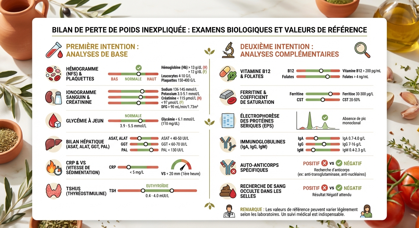 Bilan sanguin recommandé pour une perte de poids inexpliquée : examens de première et seconde intention