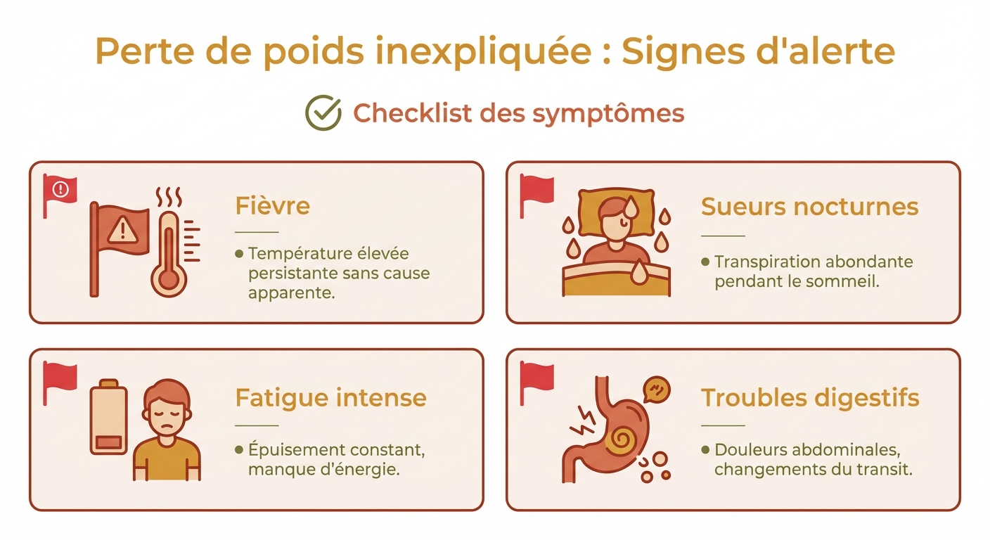 Checklist des signaux d'alerte d'une perte de poids inexpliquée : fièvre, sueurs nocturnes, fatigue, troubles digestifs