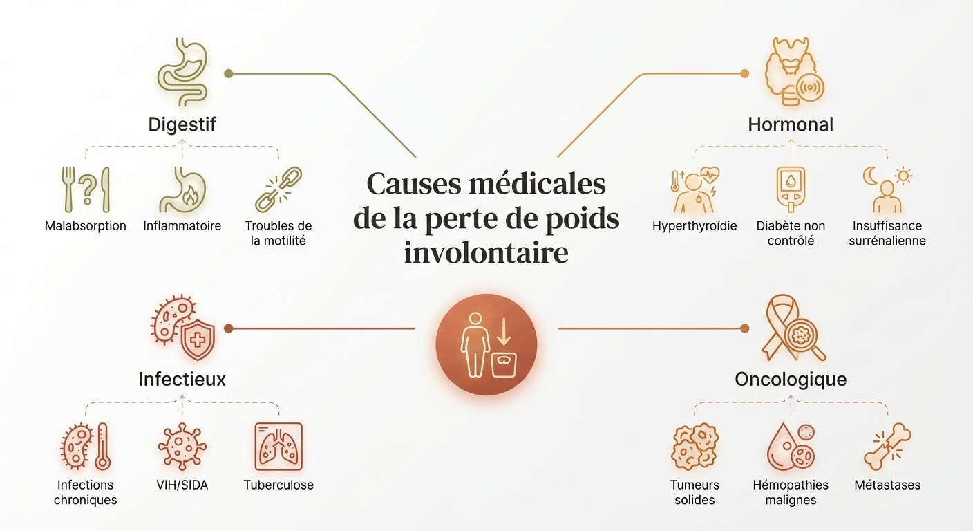 Classification des causes médicales de perte de poids involontaire par système : digestif, hormonal, infectieux, oncologique