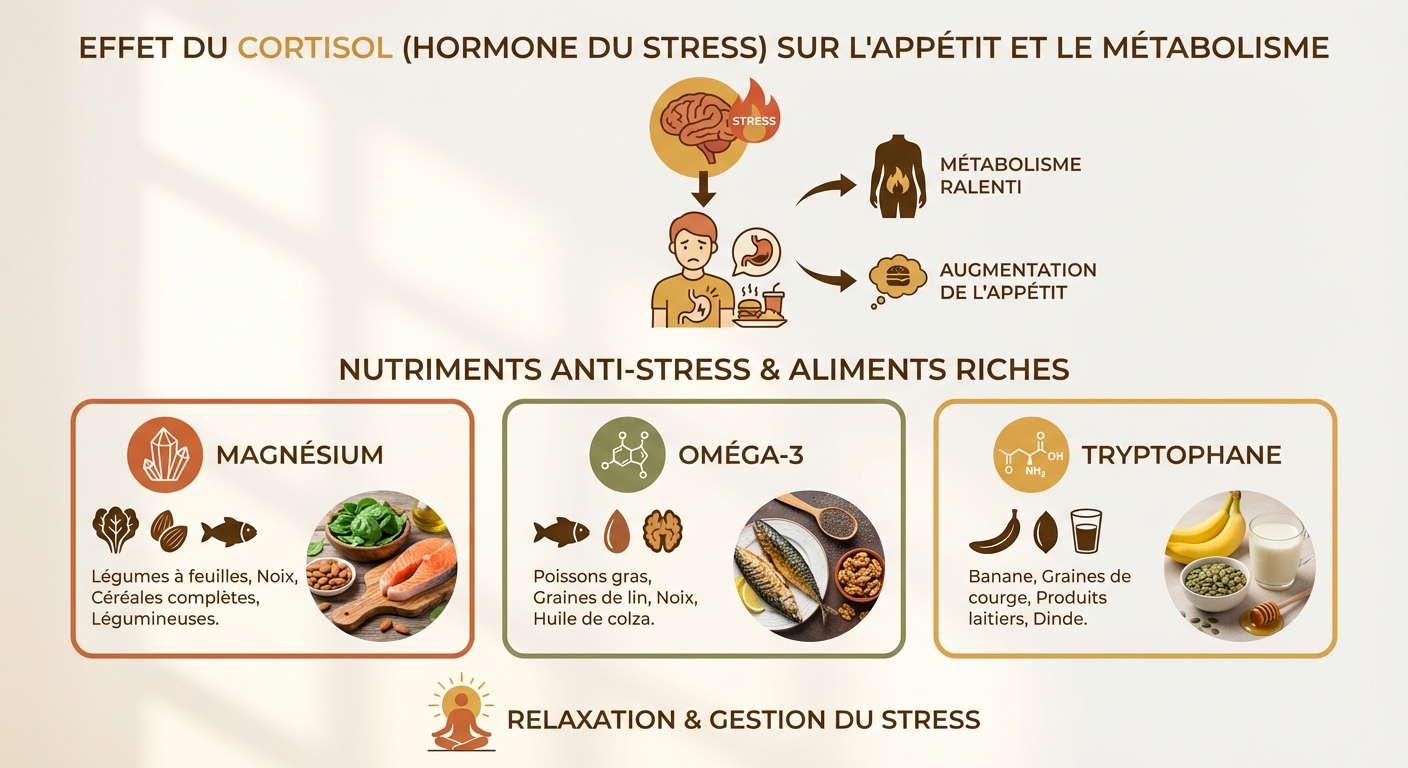 Impact du cortisol sur l'appétit et le métabolisme, et aliments anti-stress riches en magnésium, oméga-3, tryptophane