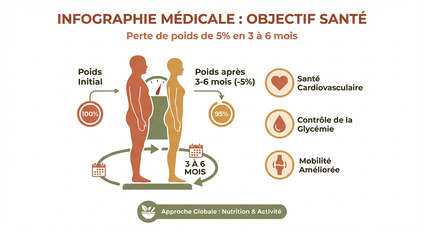 Infographie montrant le seuil de 5 % de perte de poids corporel sur 3 à 6 mois