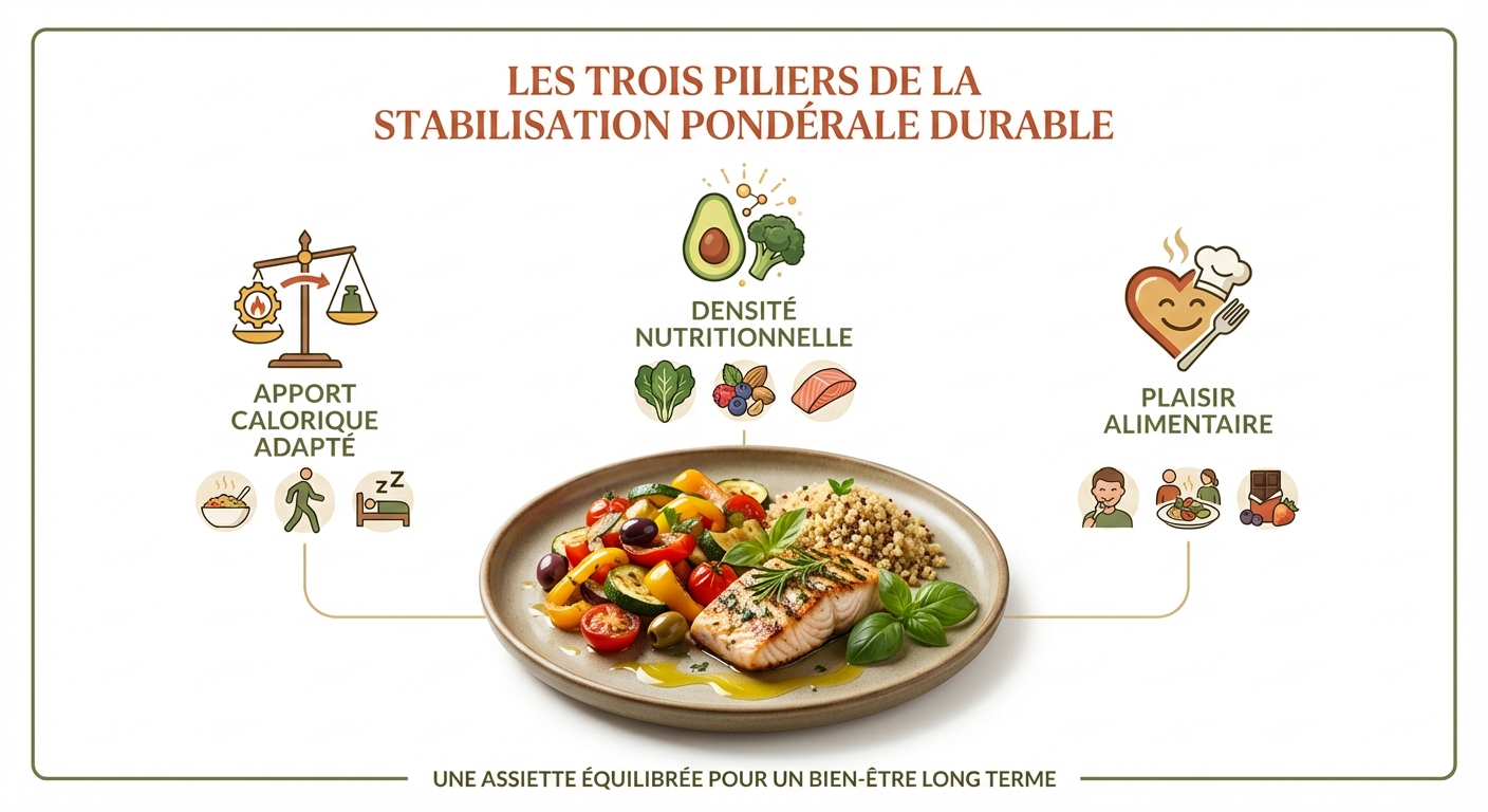 Les 3 piliers de la stabilisation pondérale durable : apport calorique adapté, densité nutritionnelle, plaisir alimentaire