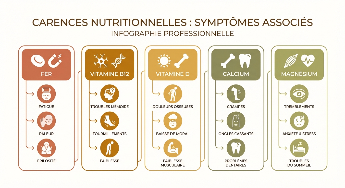 Principales carences nutritionnelles liées à une perte de poids rapide : fer, B12, vitamine D, calcium, magnésium