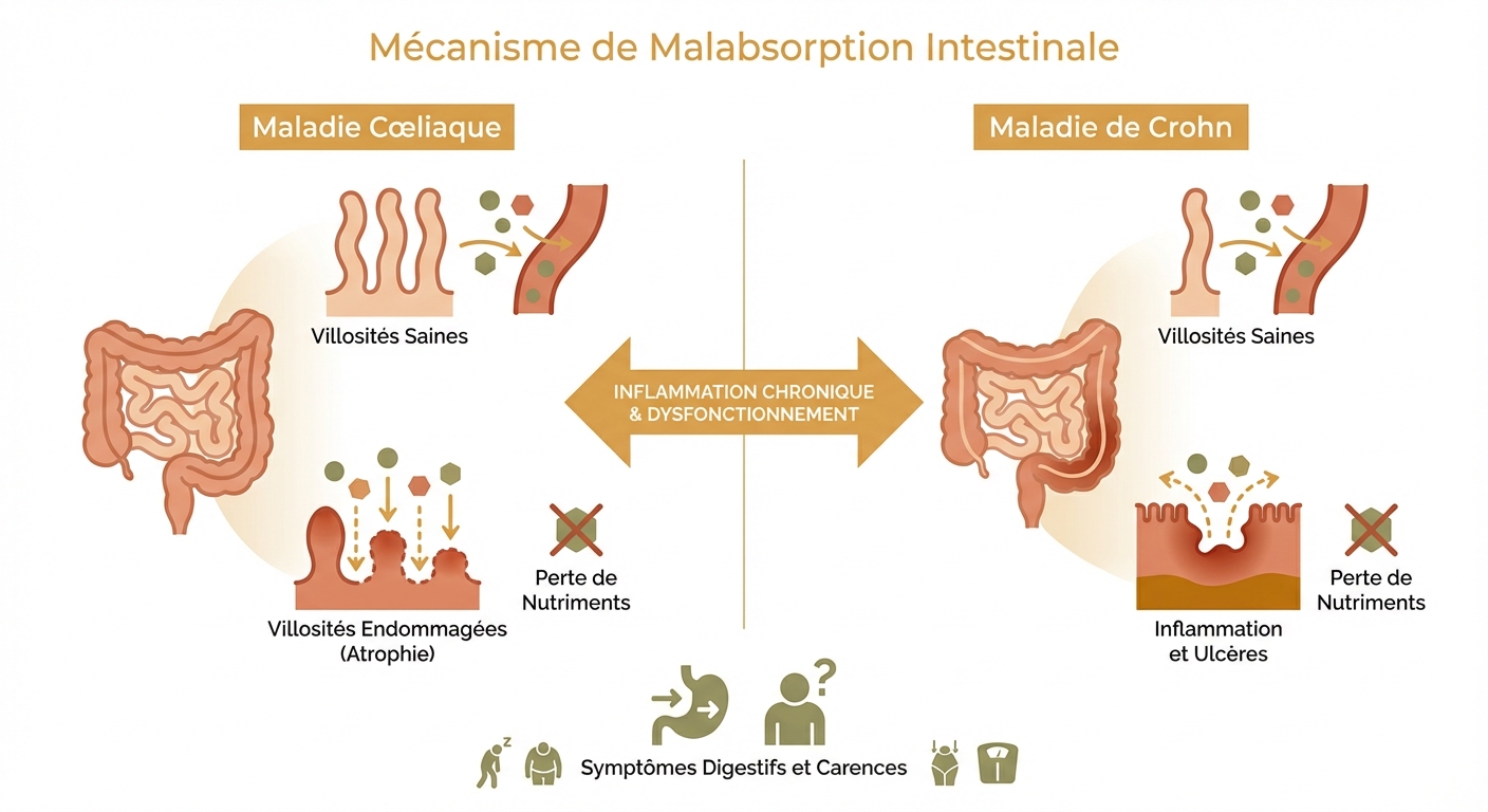 Schéma du mécanisme de malabsorption intestinale dans la maladie cœliaque et la maladie de Crohn