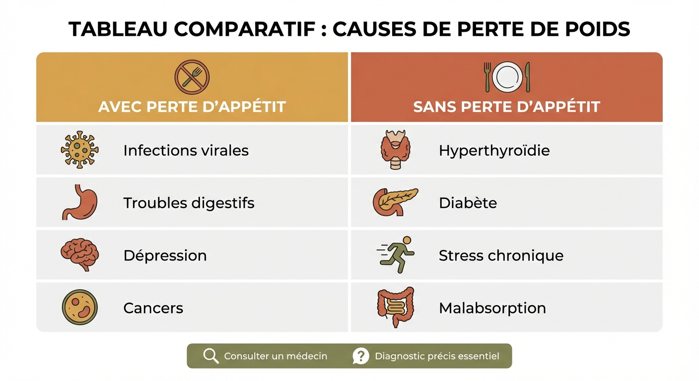 Tableau comparatif des causes de perte de poids avec et sans perte d'appétit