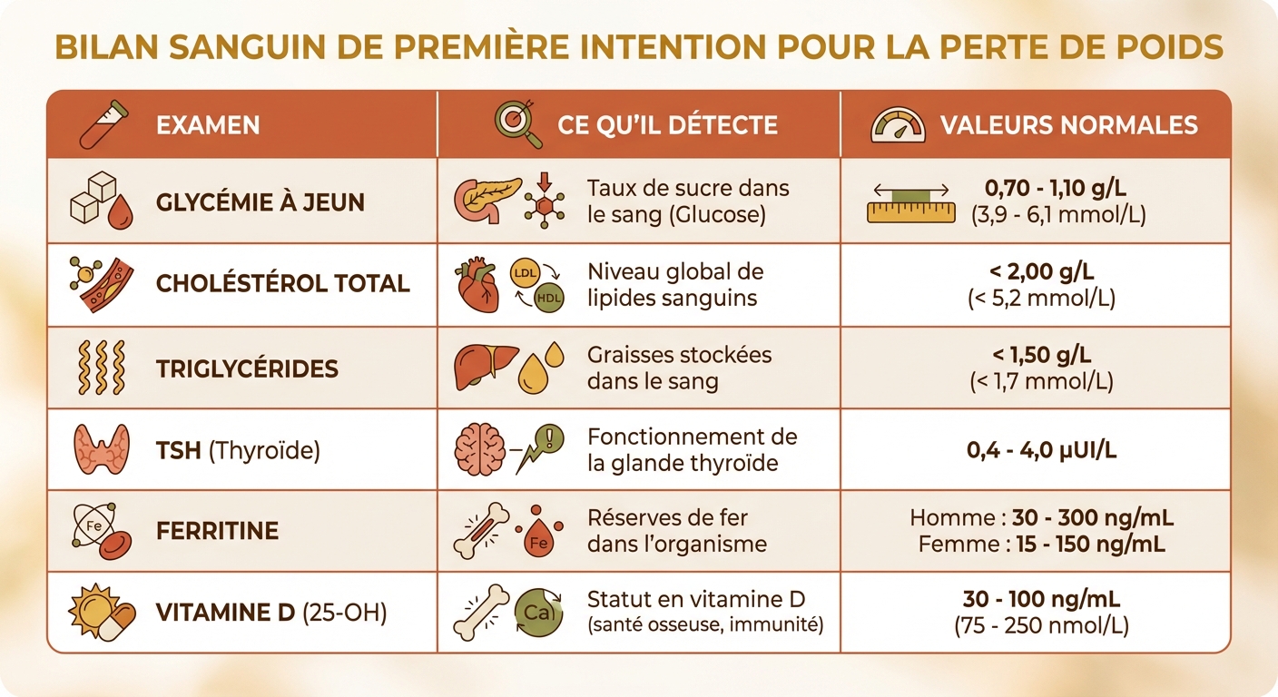 Tableau des 6 examens sanguins de première intention pour perte de poids avec valeurs normales