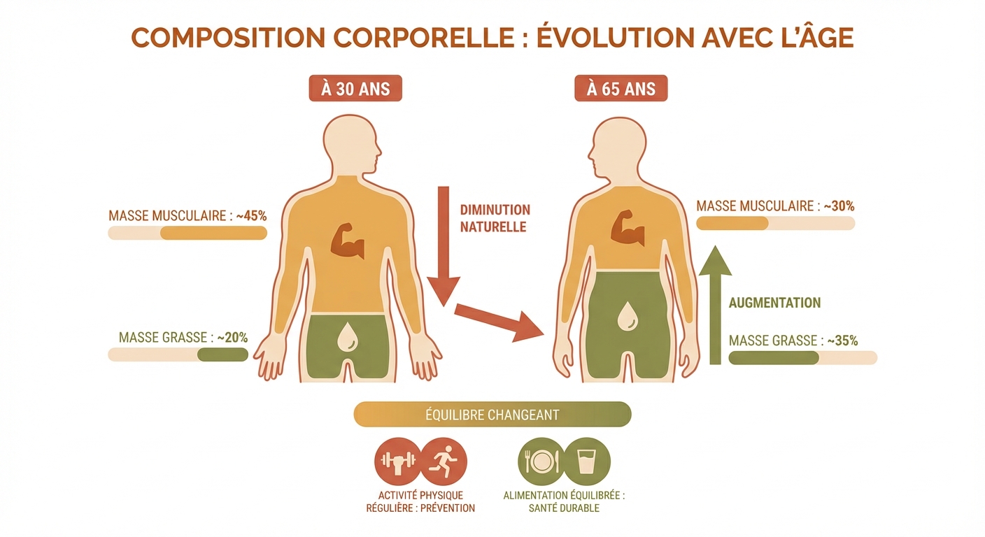 Comparaison de la composition corporelle à 30 ans et 65 ans montrant la perte de masse musculaire