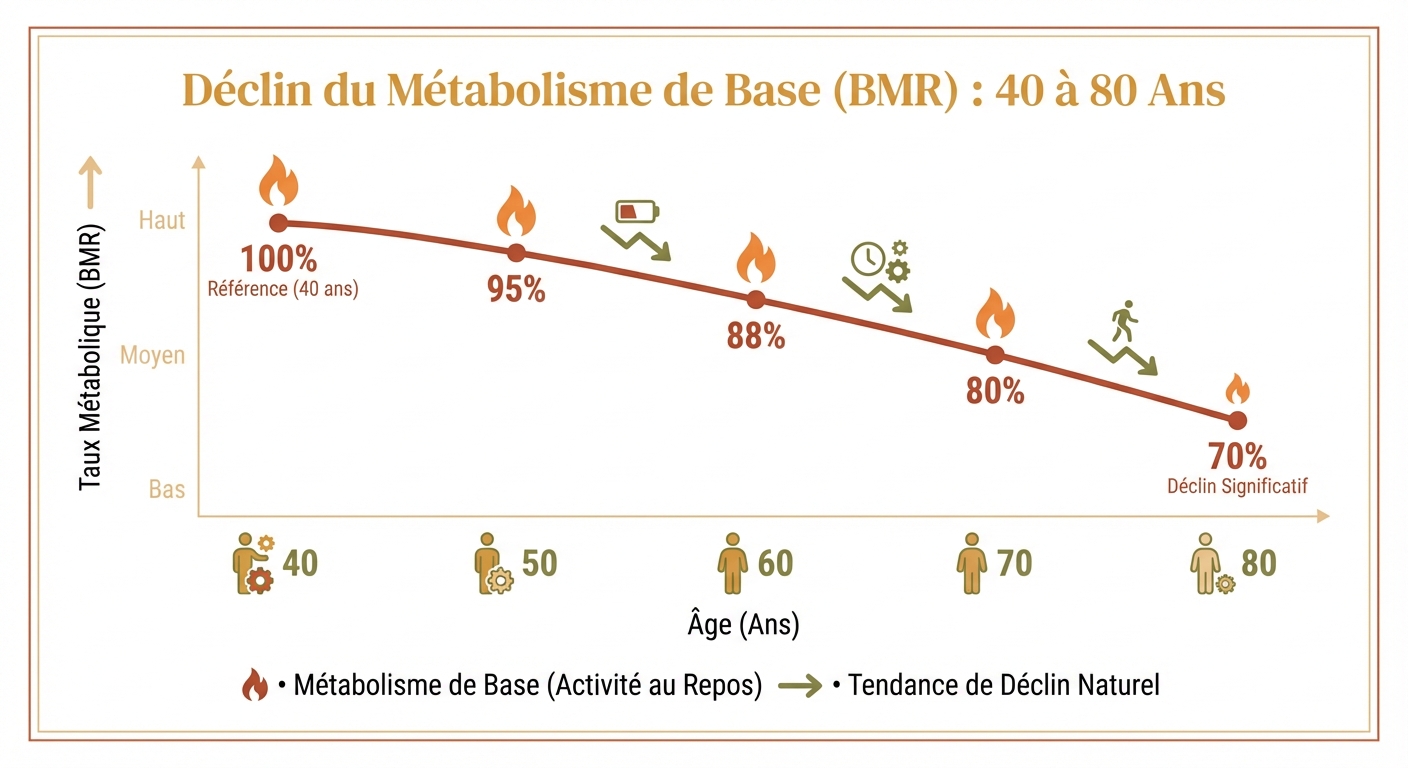 Courbe de diminution du métabolisme de repos de 40 à 80 ans