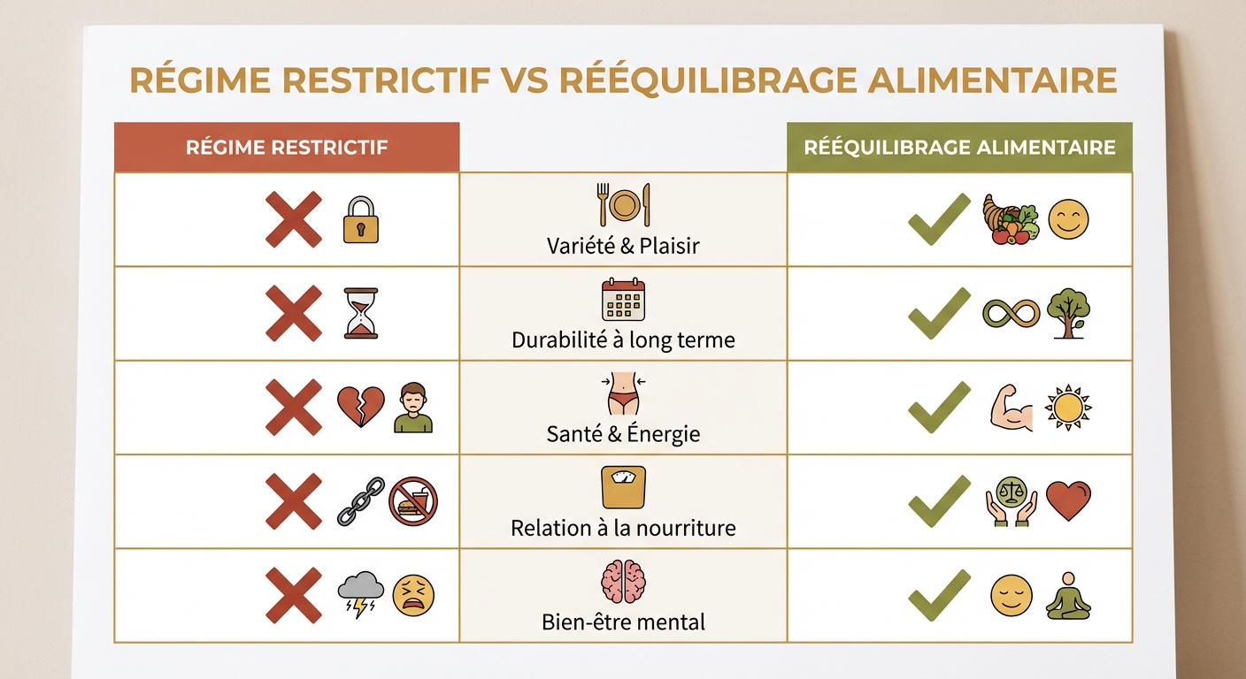 Tableau comparatif sur 5 critères entre régime restrictif et rééquilibrage alimentaire