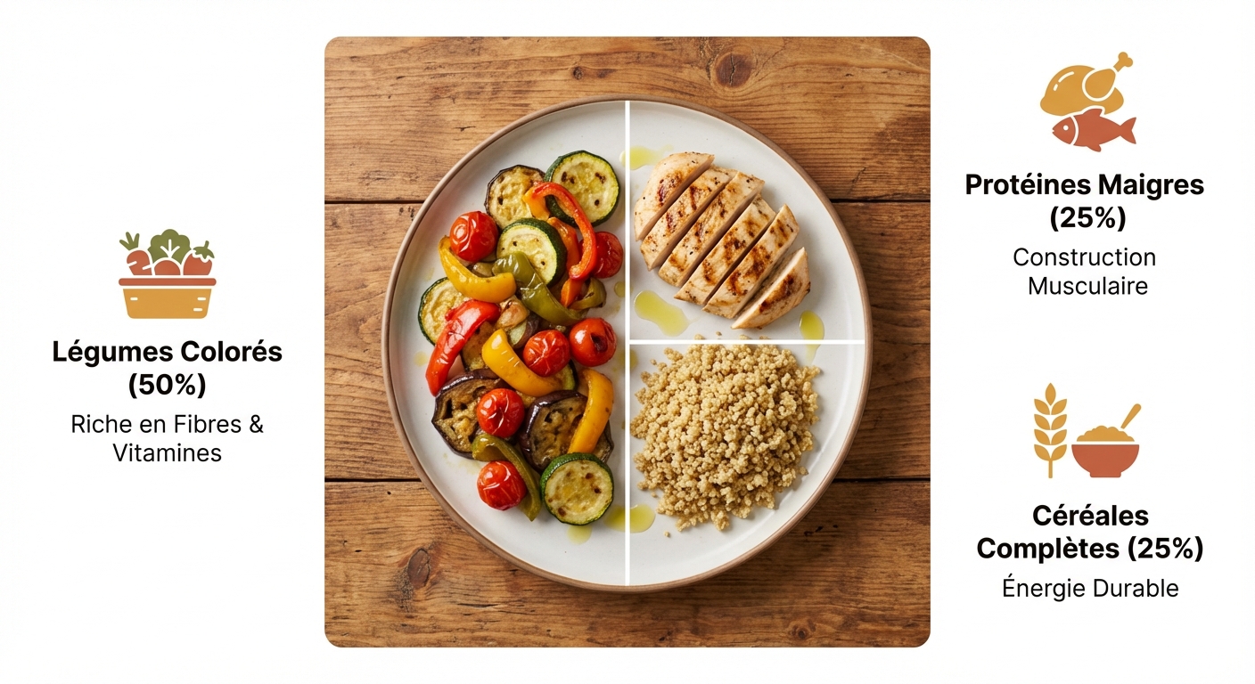 Assiette équilibrée type avec légumes, protéines et féculents complets