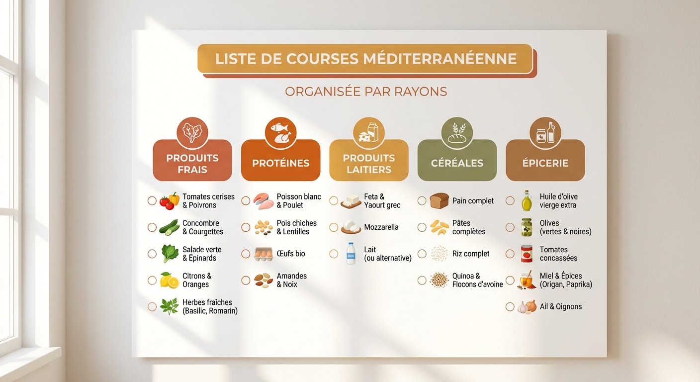 Liste de courses organisée par rayon pour un plan repas équilibré