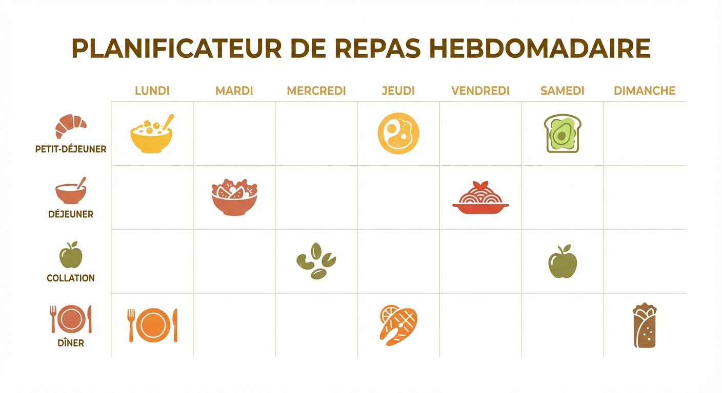 Plan repas équilibré sur 7 jours avec petit-déjeuner, déjeuner, collation et dîner