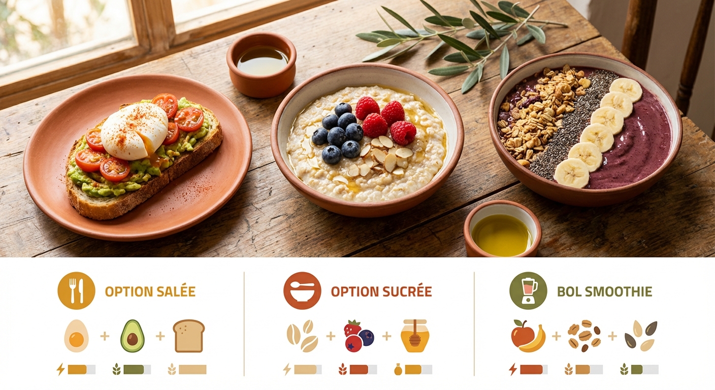 Trois options de petit-déjeuner équilibré : salé, sucré et smoothie