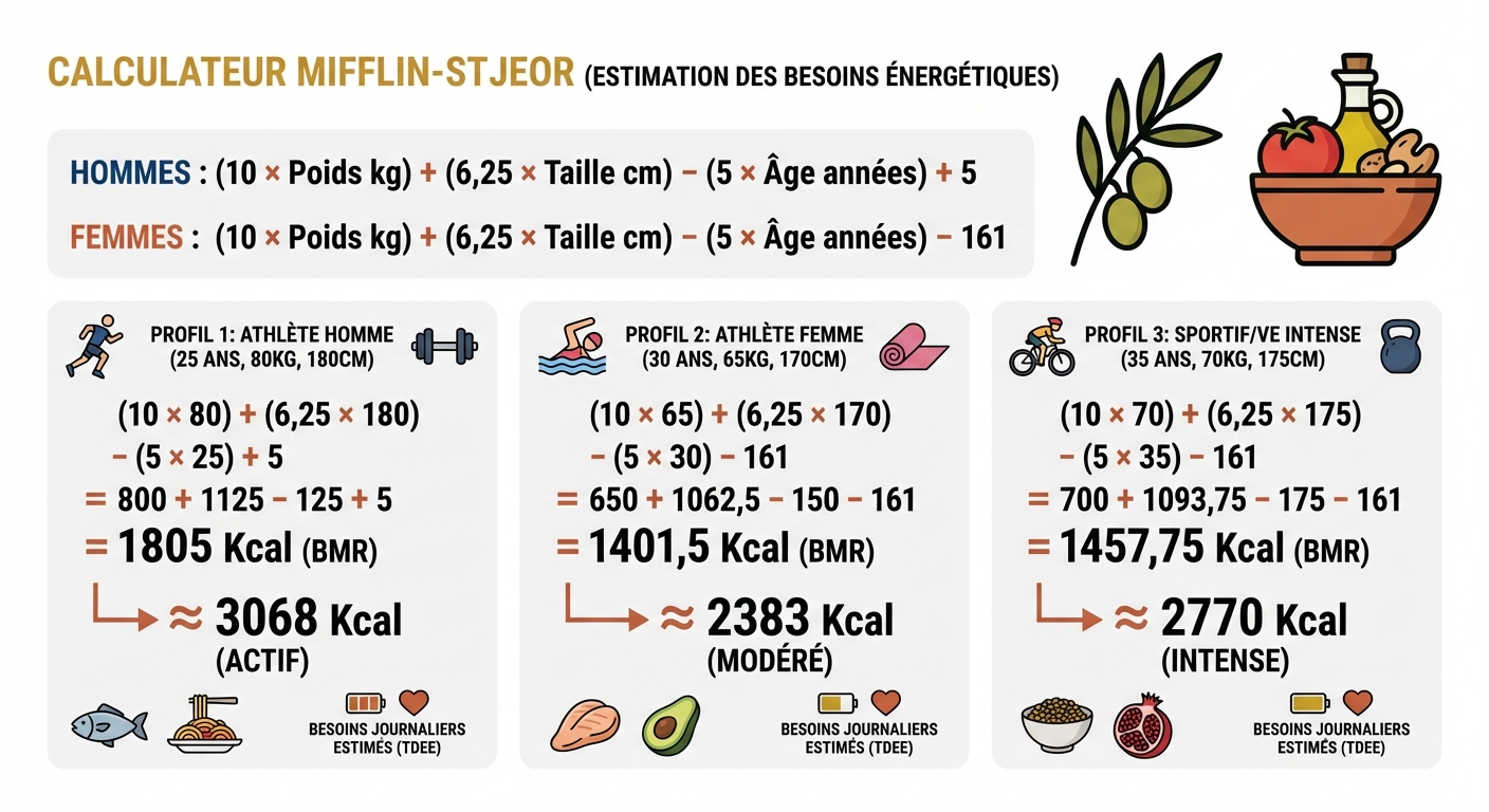 Calcul des besoins énergétiques selon la formule de Mifflin-St Jeor pour chaque profil athlétique