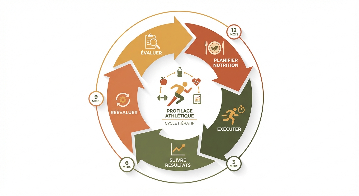 Cycle itératif du profilage athlétique nutritionnel : évaluer, planifier, exécuter, suivre, réévaluer