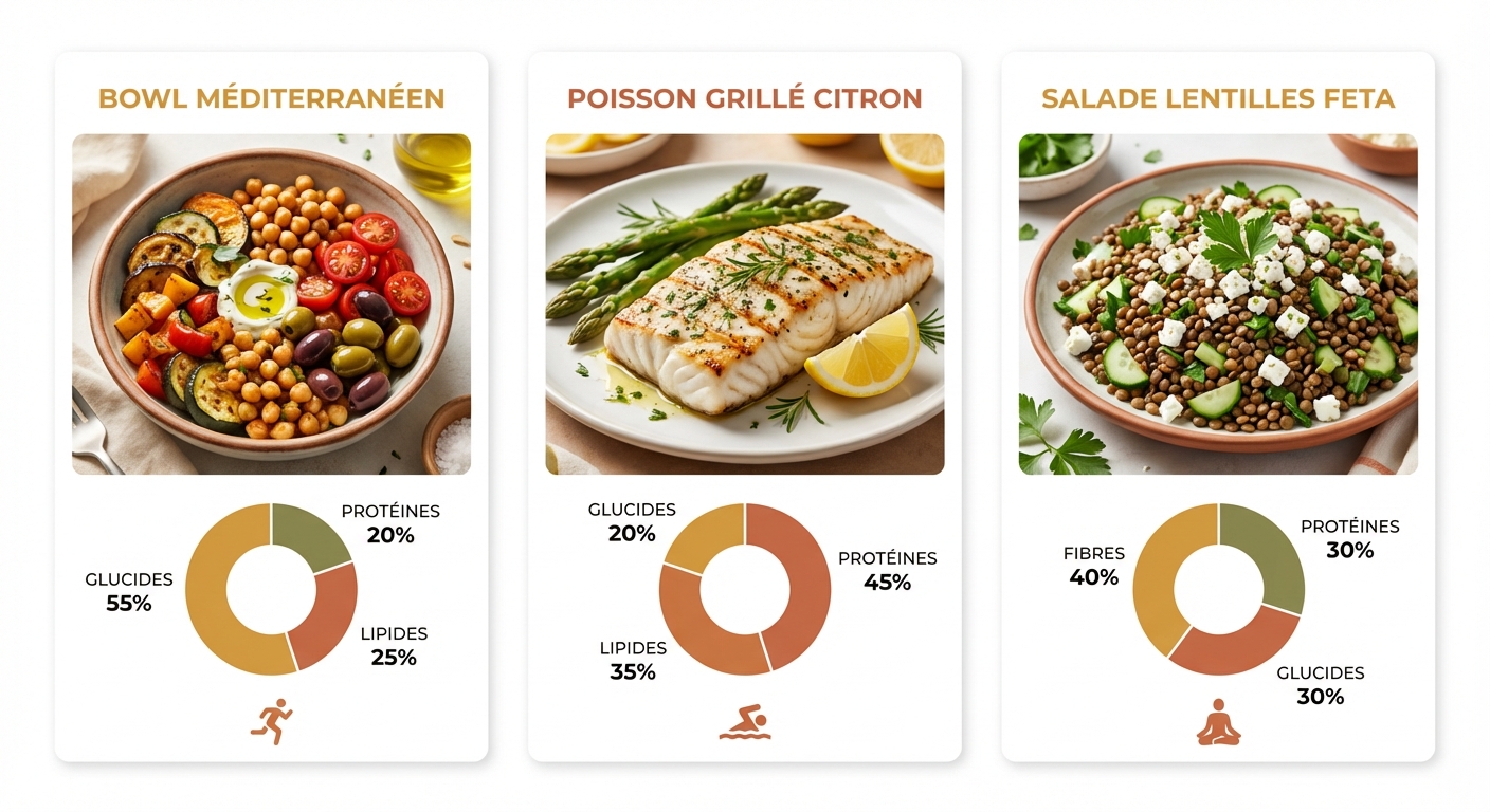 Trois recettes adaptées aux profils athlétiques force, endurance et hybride avec valeurs nutritionnelles
