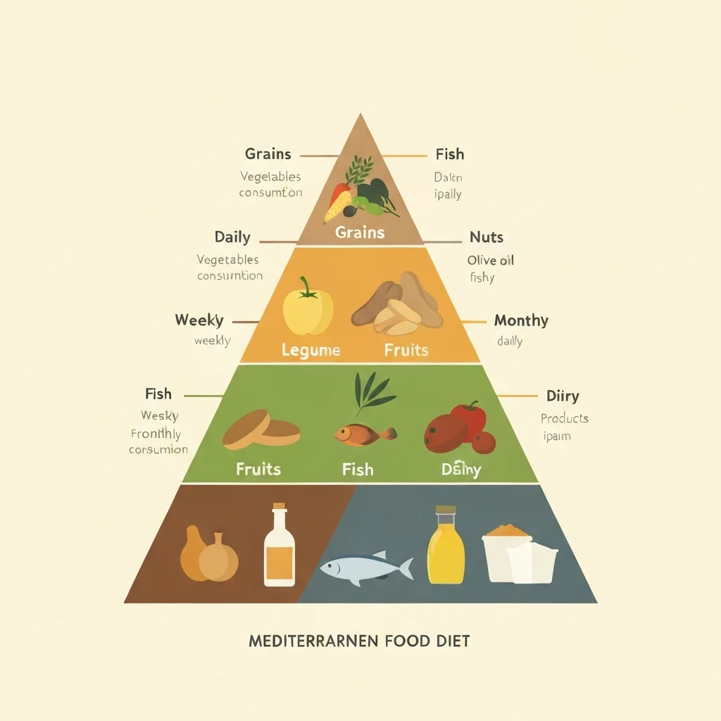 Pyramide alimentaire du régime méditerranéen avec les catégories d'aliments par fréquence de consommation
