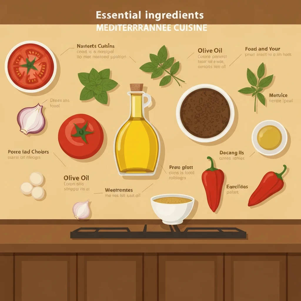 Les 15 ingrédients indispensables de la cuisine méditerranéenne disposés sur un plan de travail